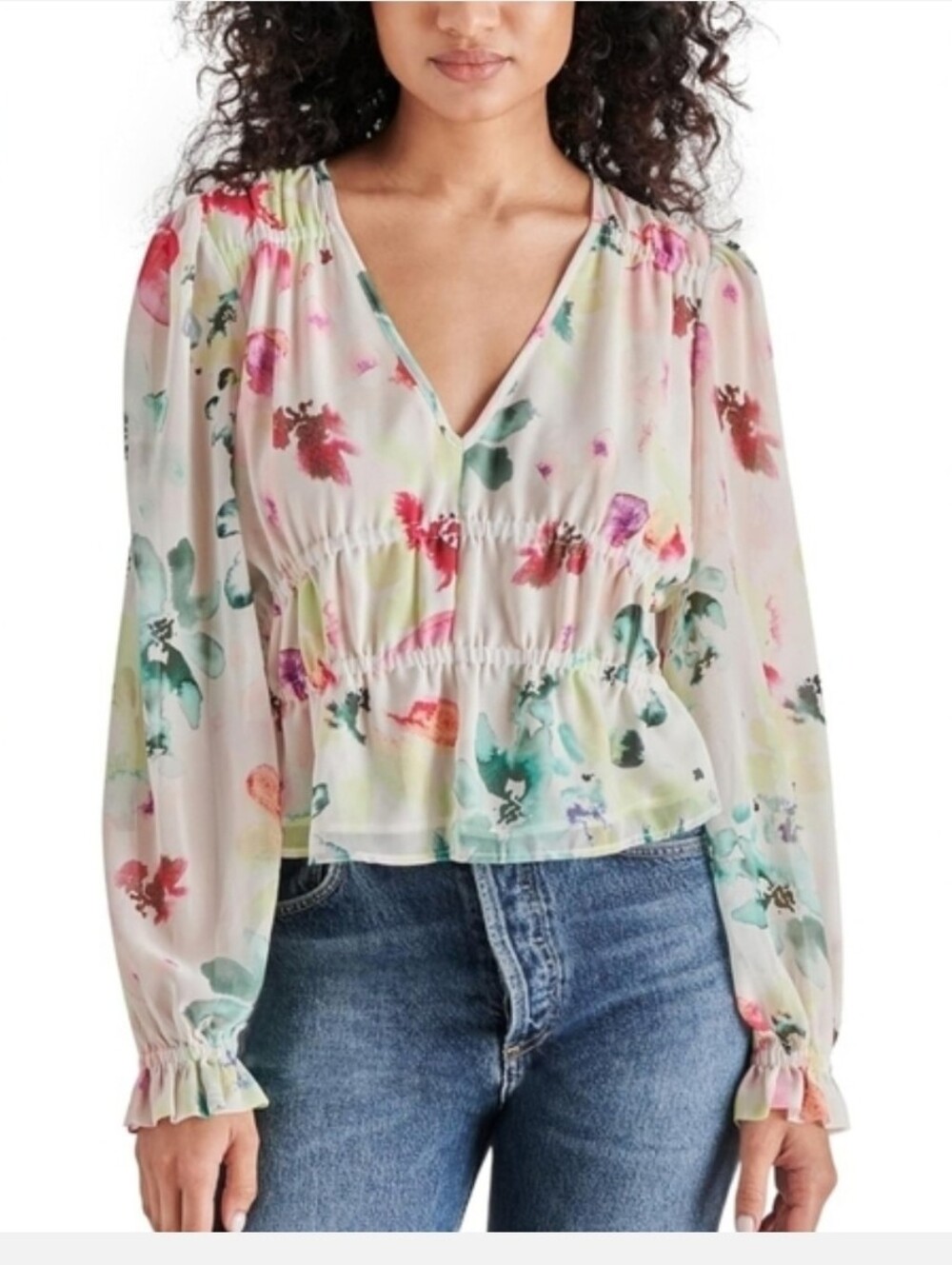 Steve Madden Ardenne Top XS NWT Sheer Watercolor Floral Peplum Blouse
